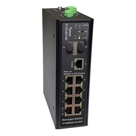 TP-SW8GAT/24-SFP - Managed 8 Port Industrial PoE Switch, 2 1Gb SFP, Ports 1-8 24/48V Passive or 802.3AT PoE, 30W